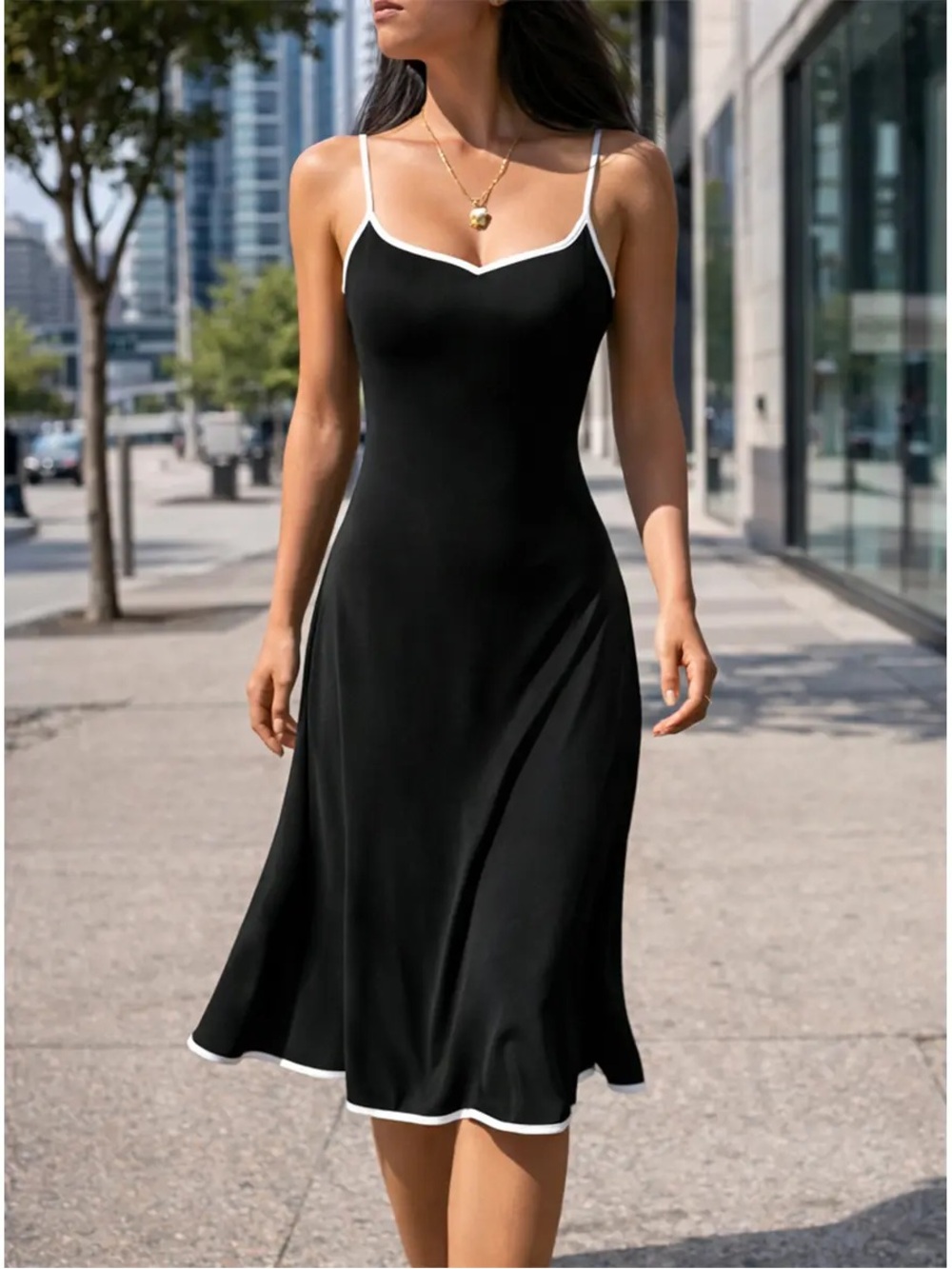 Classic Black Spaghetti Strap Midi Dress with White Trim